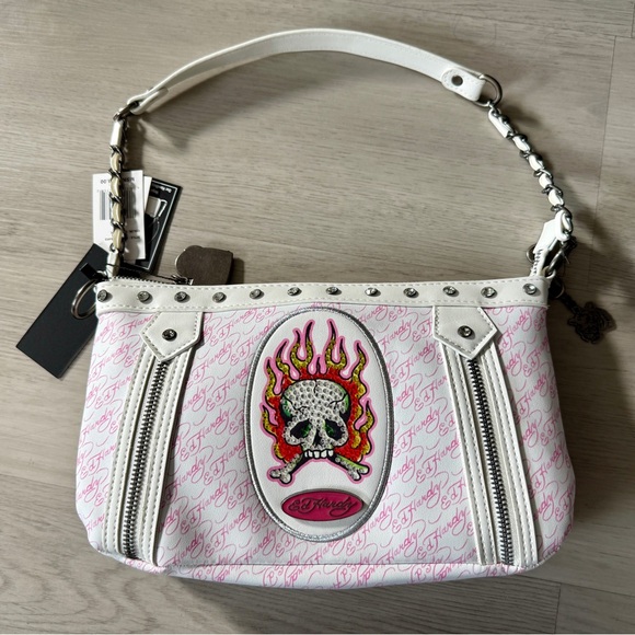 Ed Hardy Handbags - NWT Ed Hardy Handbag Black Pink Flaming Skull Rhinestone Studded Shoulder Bag